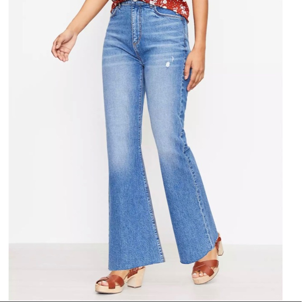 Loft Fresh Cut High Rise Sandal Flare Jeans in Staple Mid Indigo Wash
